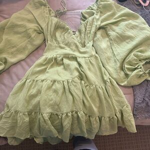 Light Green Ruffle Tiered Dress with Puff Sleeves